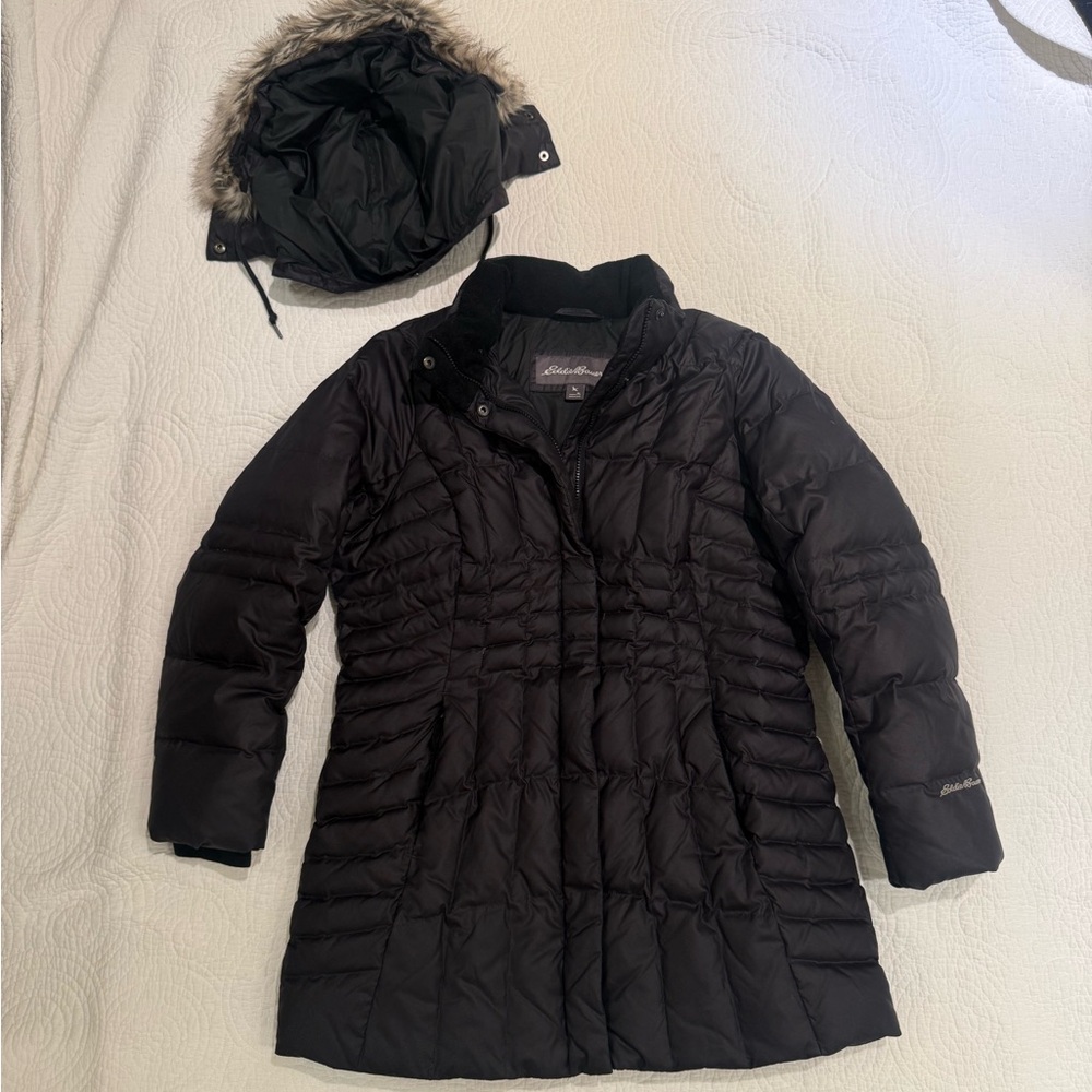 Eddie Bauer Black Puffer Jacket with removable  Faux Fur Hood